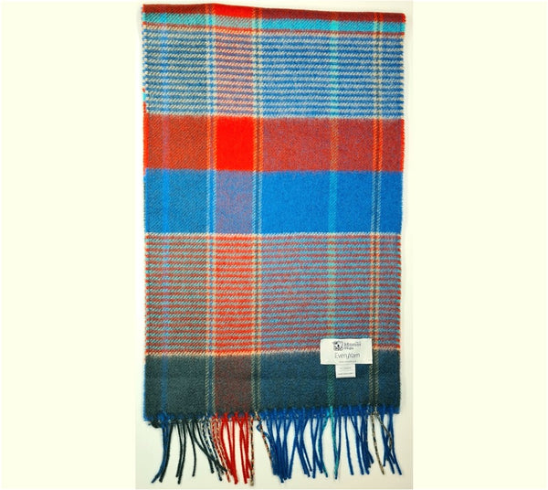 Vibrant blue and red 100% cashmere scarf. Made in Scotland by Johnstons of Elgin. Sustainable Cashmere Australia